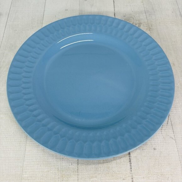 Coventry SKINNY HEX Blue Embossed Rim Design Stoneware 11" Dinner Plates Set 4 - Picture 8 of 16